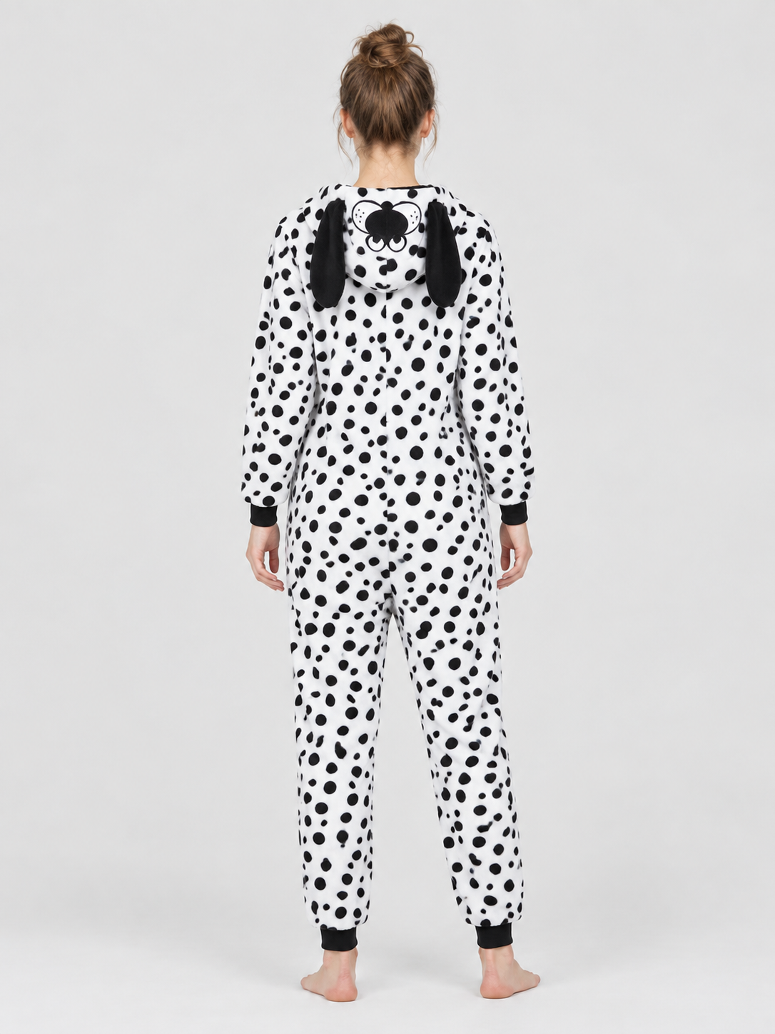 Pajama Jumpsuit with Dog-Face Hood and Black Spots