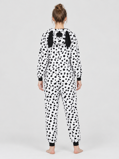 Pajama Jumpsuit with Dog-Face Hood and Black Spots