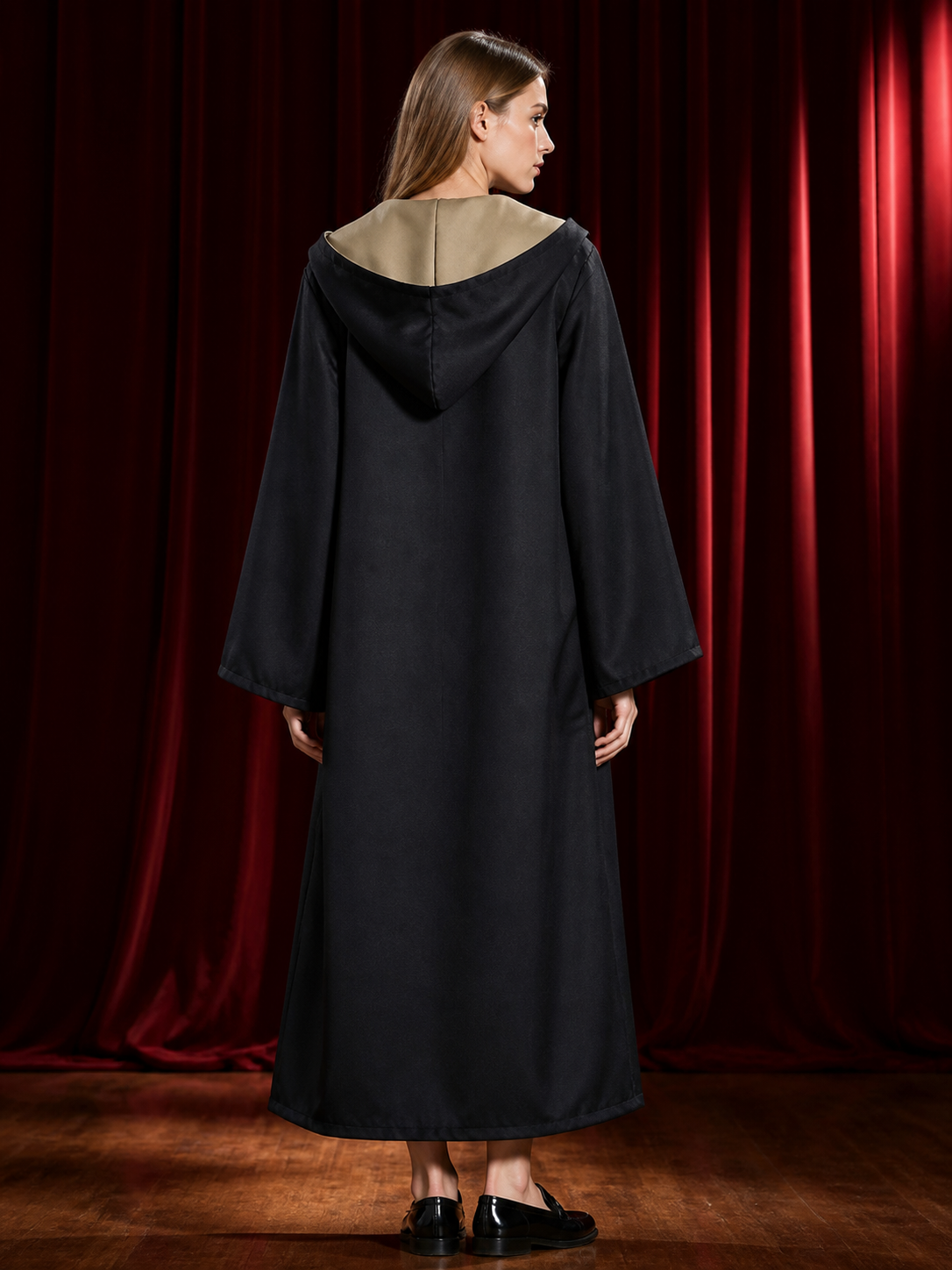 Kids Wizard Hooded Robe Costume Set with Yellow and Dark Blue Striped Tie and back view