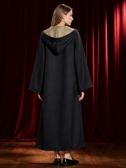 Kids Wizard Hooded Robe Costume Set with Yellow and Dark Blue Striped Tie and back view