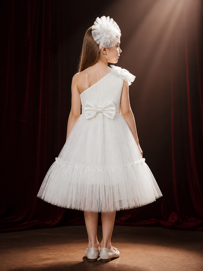 Girls' White Princess Dress Set, One-Shoulder Bow Tulle Party Outfit With back view