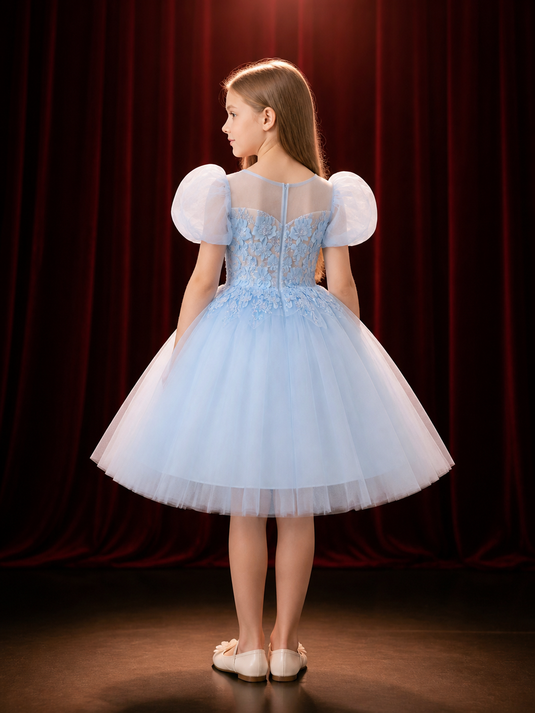 Baby Girls' Princess Party Dress, Sky Blue Tulle Gown With Puff Sleeves And back view
