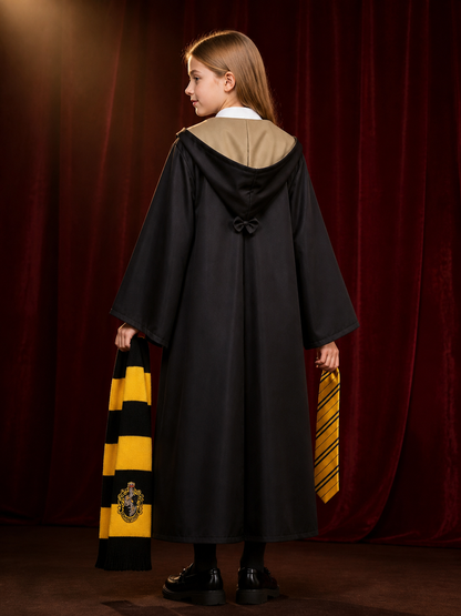 Hufflepuff Wizard Robe Costume Set With Hooded Cloak, Scarf And Tie back view