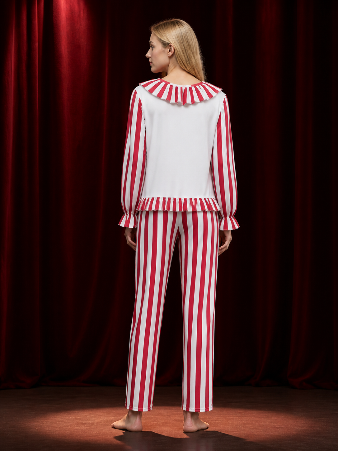 Red White Striped Clown Costume Set with Ruffle Collar and Cuffs back view