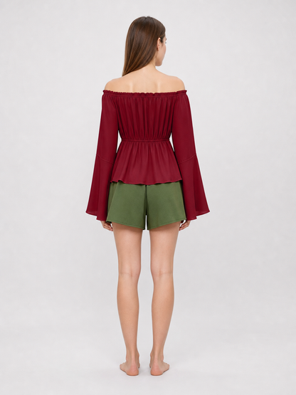 Off-the-Shoulder Blouse with Flared Cuffs