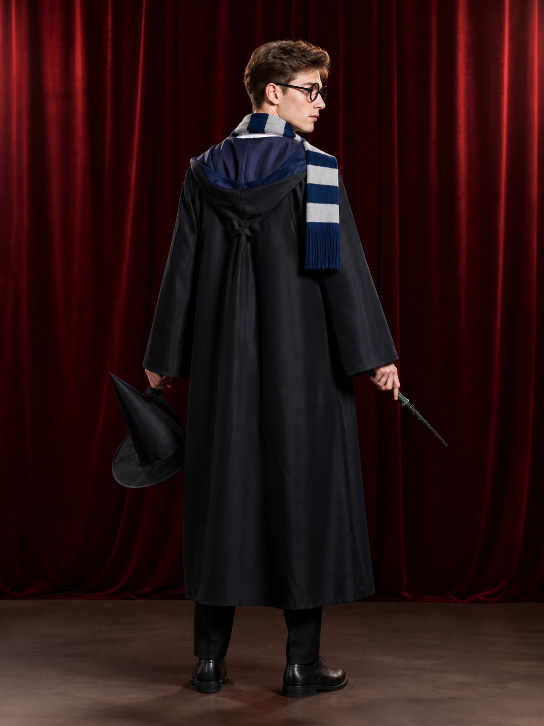 Wizard Robe Costume Set With Hooded Cloak, Shirt, Tie, Scarf, Glasses, Wand And back view