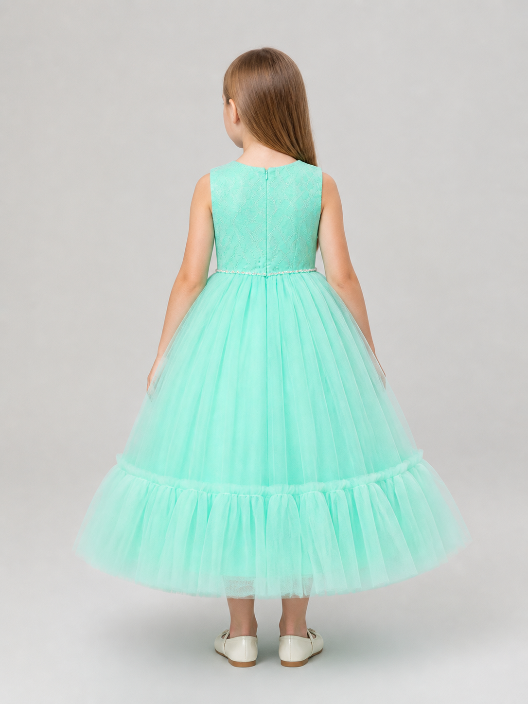 Full-Skirt Dress with Lace Bodice, Ruffles, and Belt back view