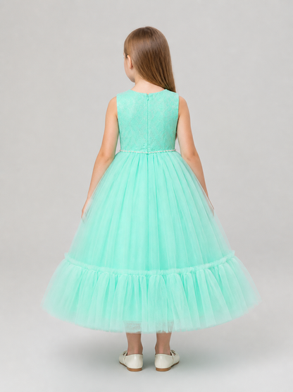 Full-Skirt Dress with Lace Bodice, Ruffles, and Belt back view