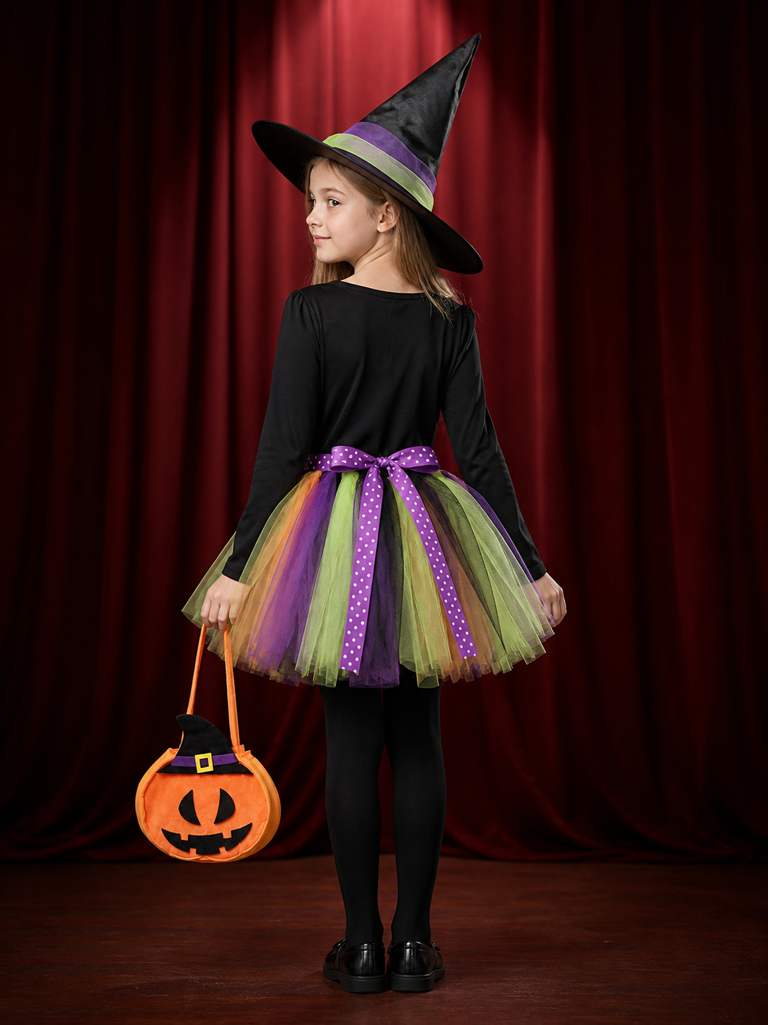 Kids' Halloween Witch Costume Set, Long Sleeve Top, Layered Skirt, Hat and back view