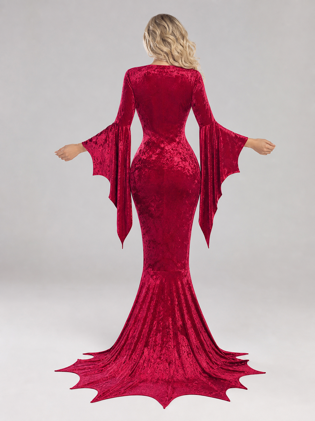 Burgundy dress presented in a gothic style, suitable for a Halloween look, masquerade, or themed performance. The dress is made in a rich dark red burgundy shade. The upper part has a fitted silhouette, while the lower part gradually flares