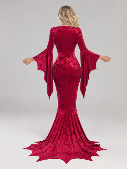 Burgundy dress presented in a gothic style, suitable for a Halloween look, masquerade, or themed performance. The dress is made in a rich dark red burgundy shade. The upper part has a fitted silhouette, while the lower part gradually flares