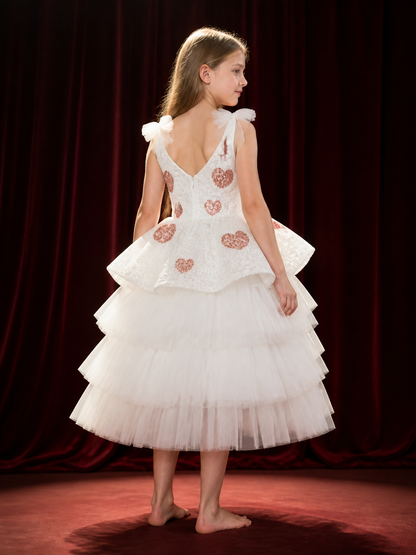 Toddler Girls' Princess Dress, White Layered Tulle Gown With Heart Sequins back view