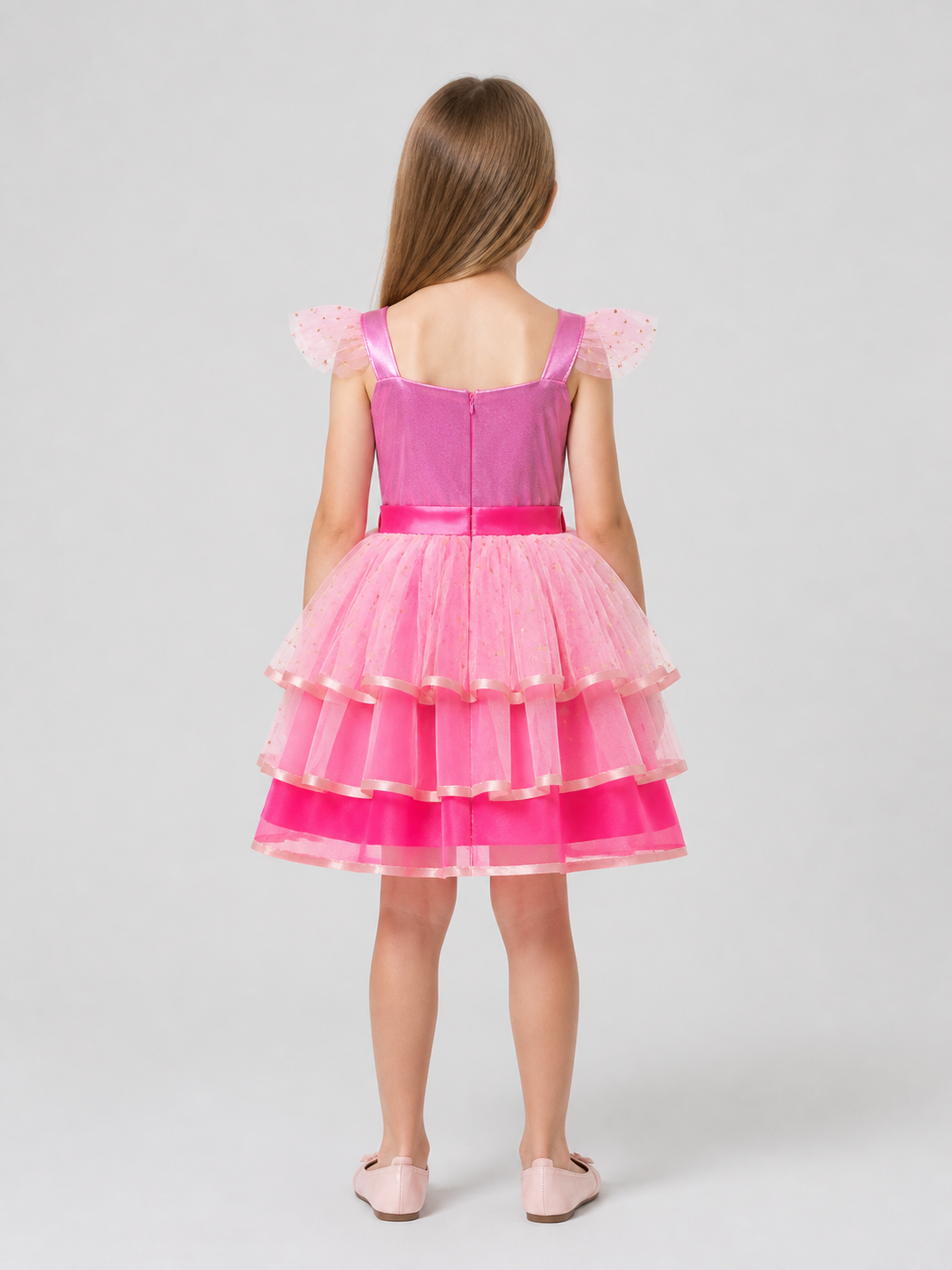 Pink Princess Dress with Layers, a Bow, and Tulle