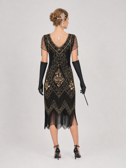 Long Sequined Dress with Fringe, Retro Set back view