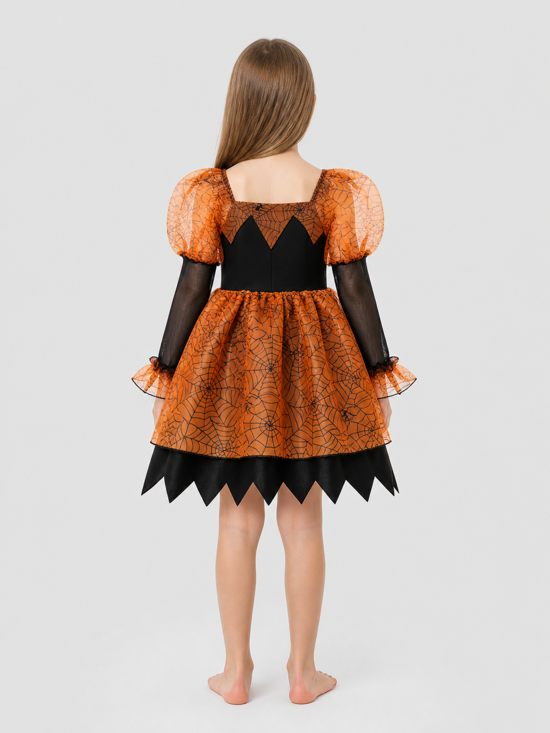 Orange and Black Princess Dress with Spiderweb Pattern