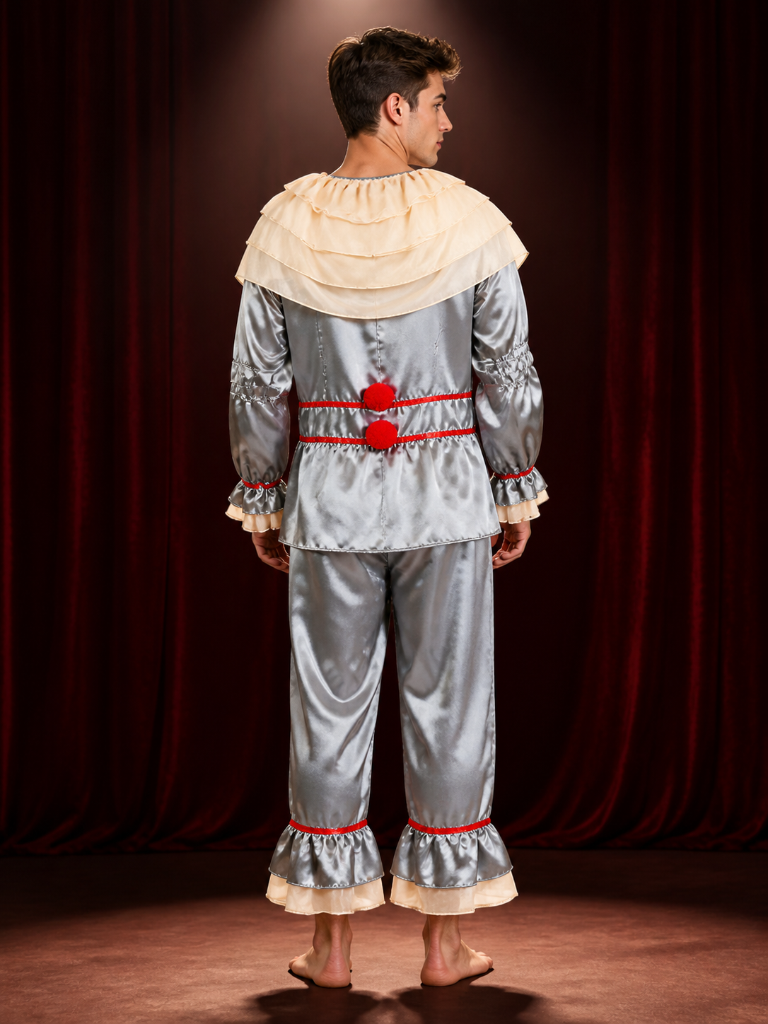 Adult Clown Jumpsuit Costume with Ruffled Collar and Red Sashes back view