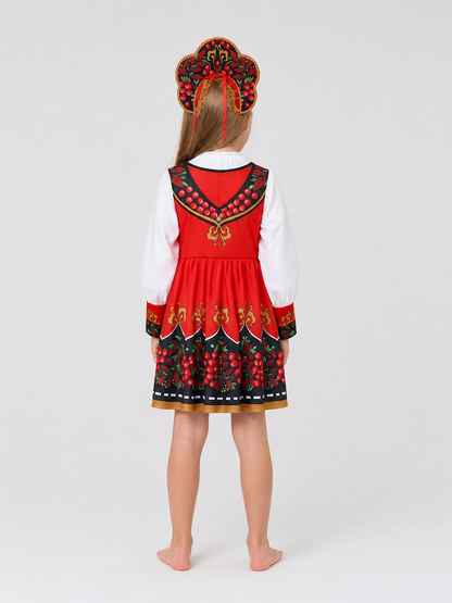 Children’s Retro Costume: Dress, Blouse, and Headwear back view