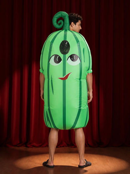 Inflatable Cactus Costume with Cartoon Face, Green Striped Halloween Outfit back view