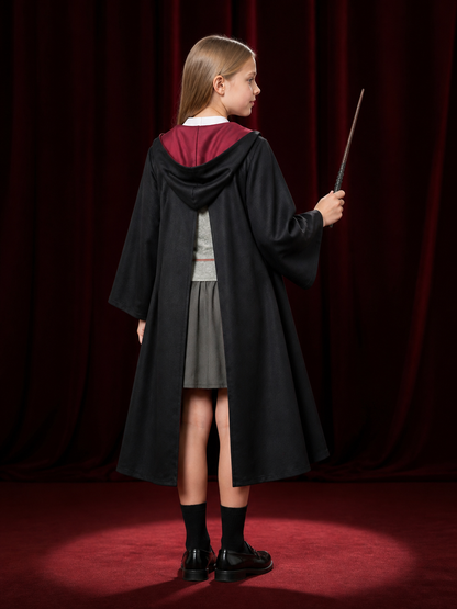 Kids Wizard Costume Set, Hooded Robe, Vest, Skirt and Wand back view