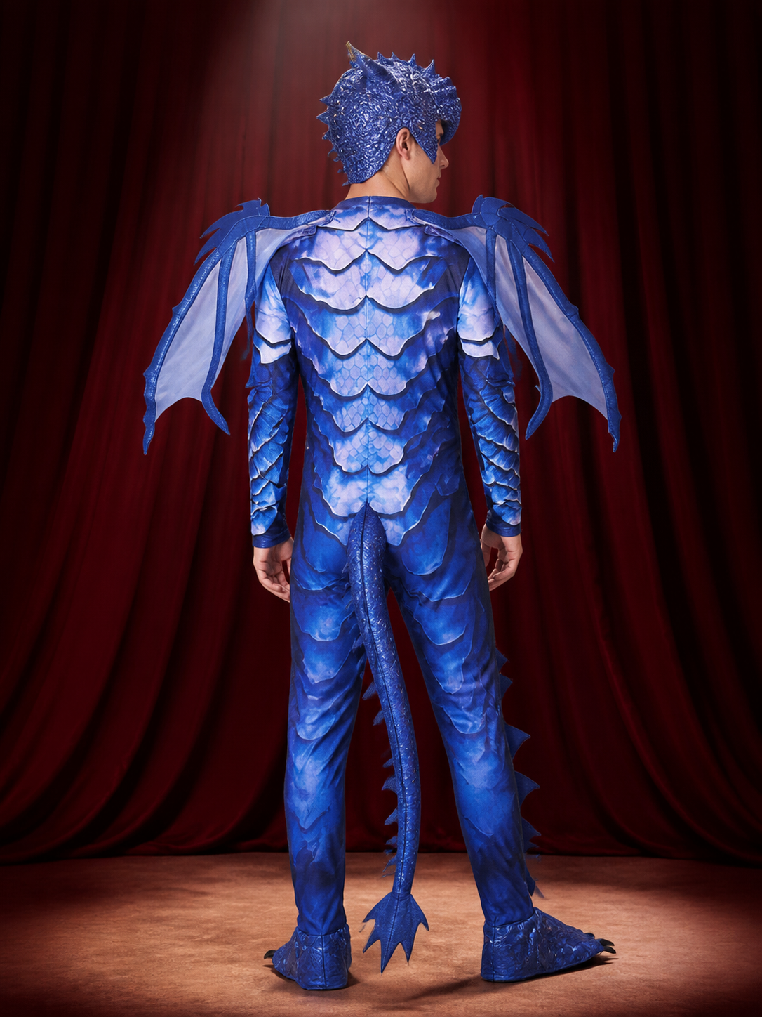 Kids' Blue Frost Dragon Knight Costume with Wings, Tail & Spikes, Halloween back view