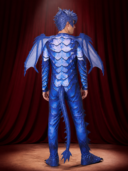 Kids' Blue Frost Dragon Knight Costume with Wings, Tail & Spikes, Halloween back view