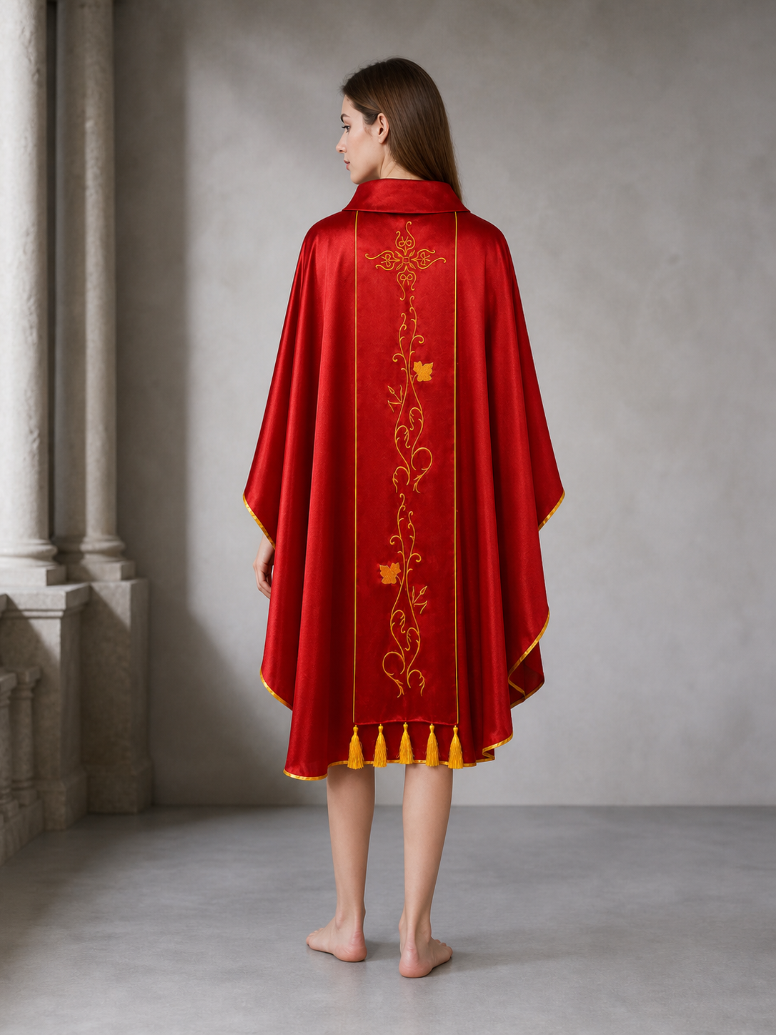 Medieval European Cosplay Vestment, Loose Sleeveless Poncho-Style Robe With Stand Collar, Gold Embroidery, Trim And Fringe For Stage Performance