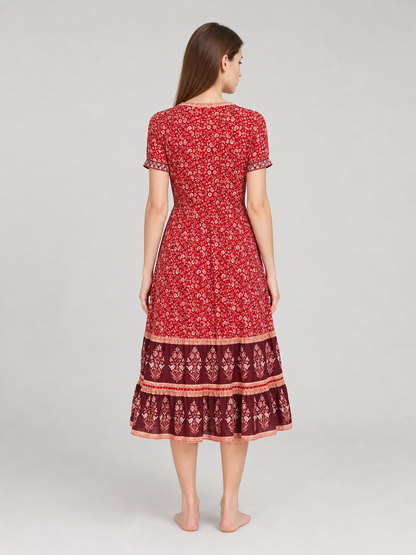 Midi Dress with Floral Print and Tiered Skirt