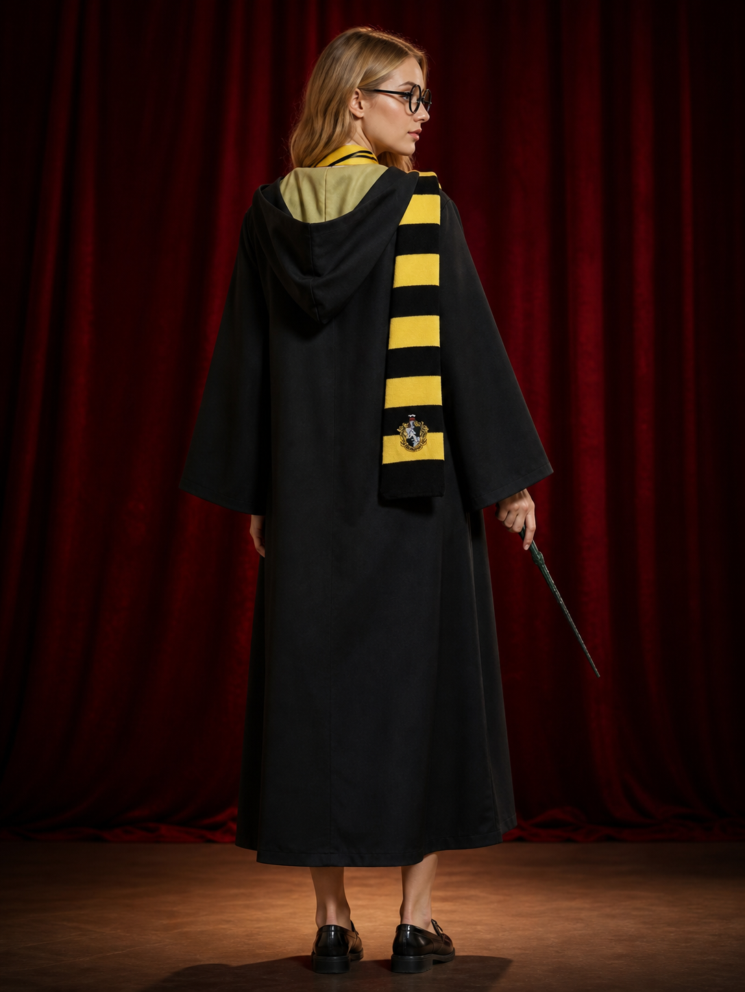 Wizard Costume Set With Black And Yellow Robe, Scarf, Tie, Wand And Round back view
