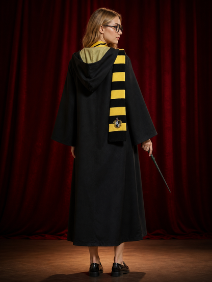 Wizard Costume Set With Black And Yellow Robe, Scarf, Tie, Wand And Round back view