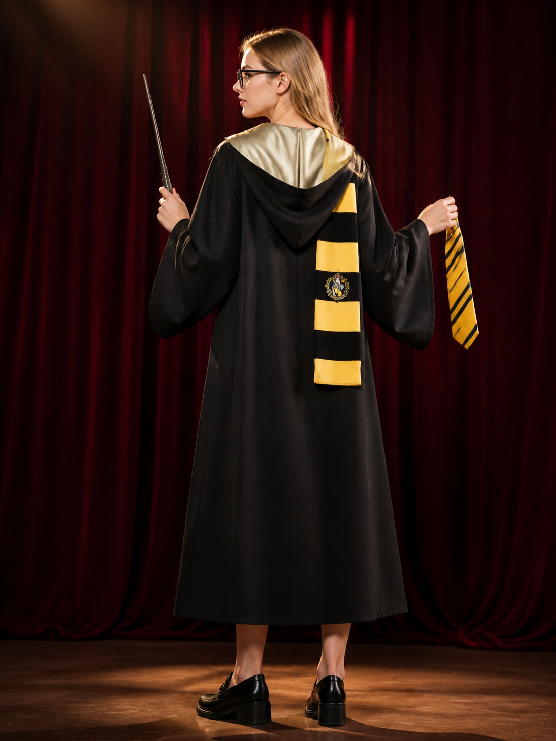 Wizard Hooded Robe Costume Set, Black and Yellow Striped Scarf, Tie, Wand and back view