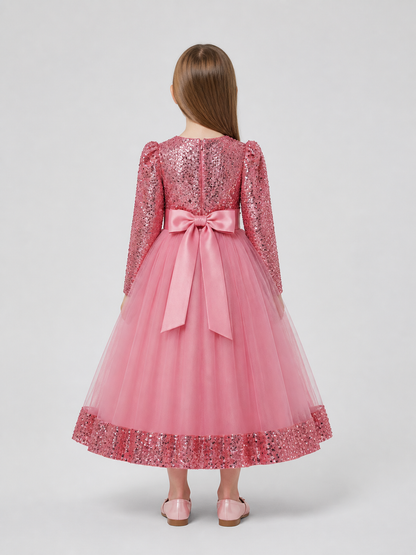 Festive Sequin Dress with Floral Decor back view