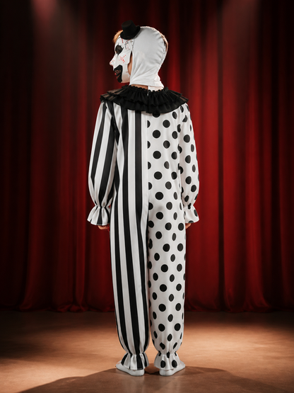 Kids' Clown Jumpsuit Costume with Mask & Hat, Black and White Polka Dot and back view