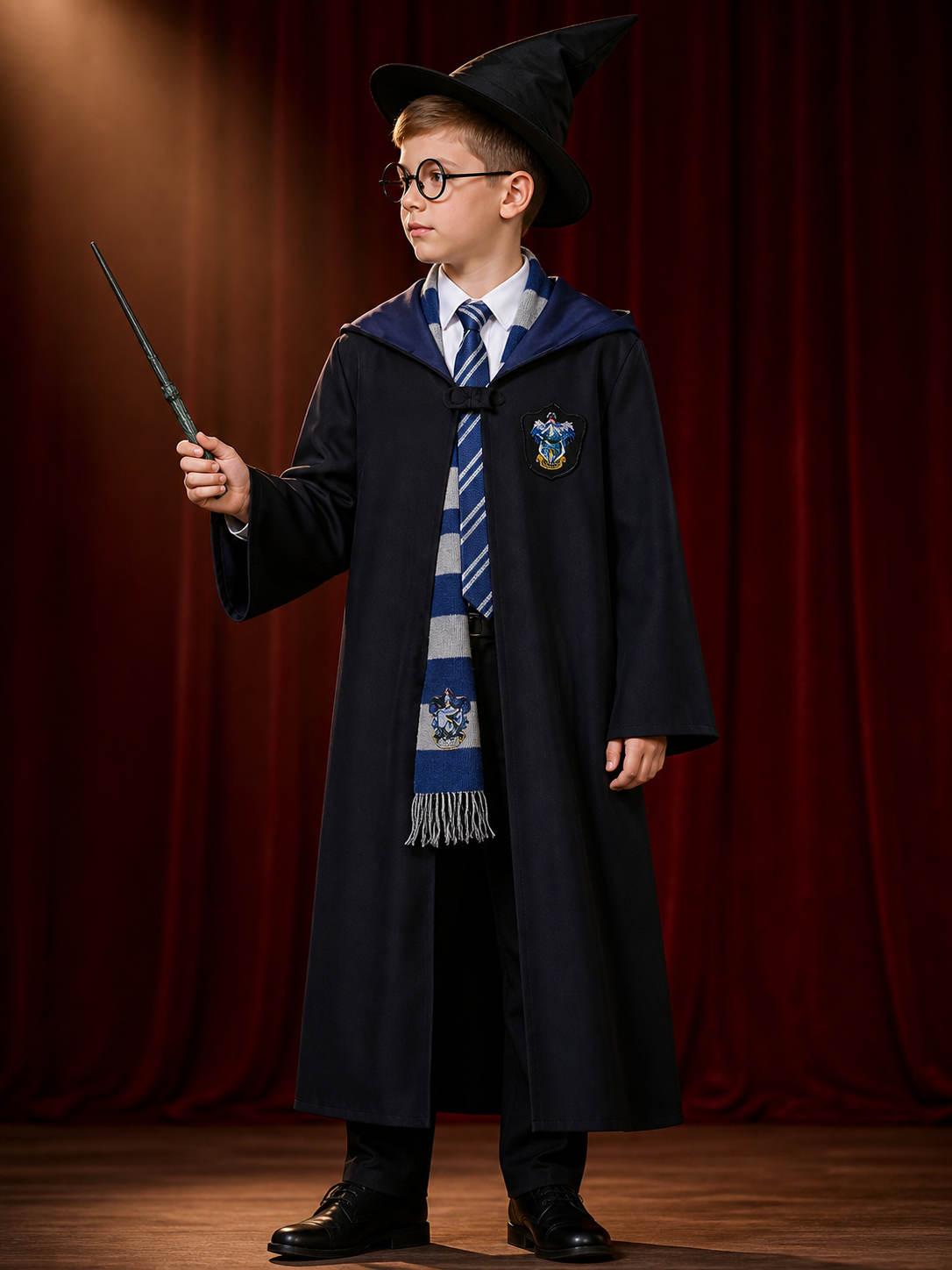 Long Black Wizard Robe Costume Set with Academy Badge, Striped Tie, Scarf back view