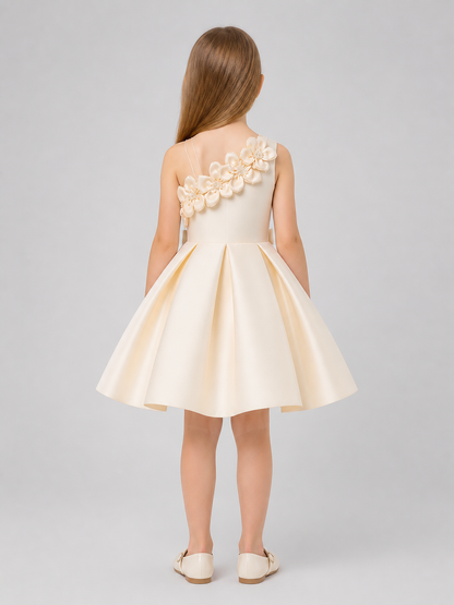 Champagne Children's Party Dress with a One-Shoulder Flower back view