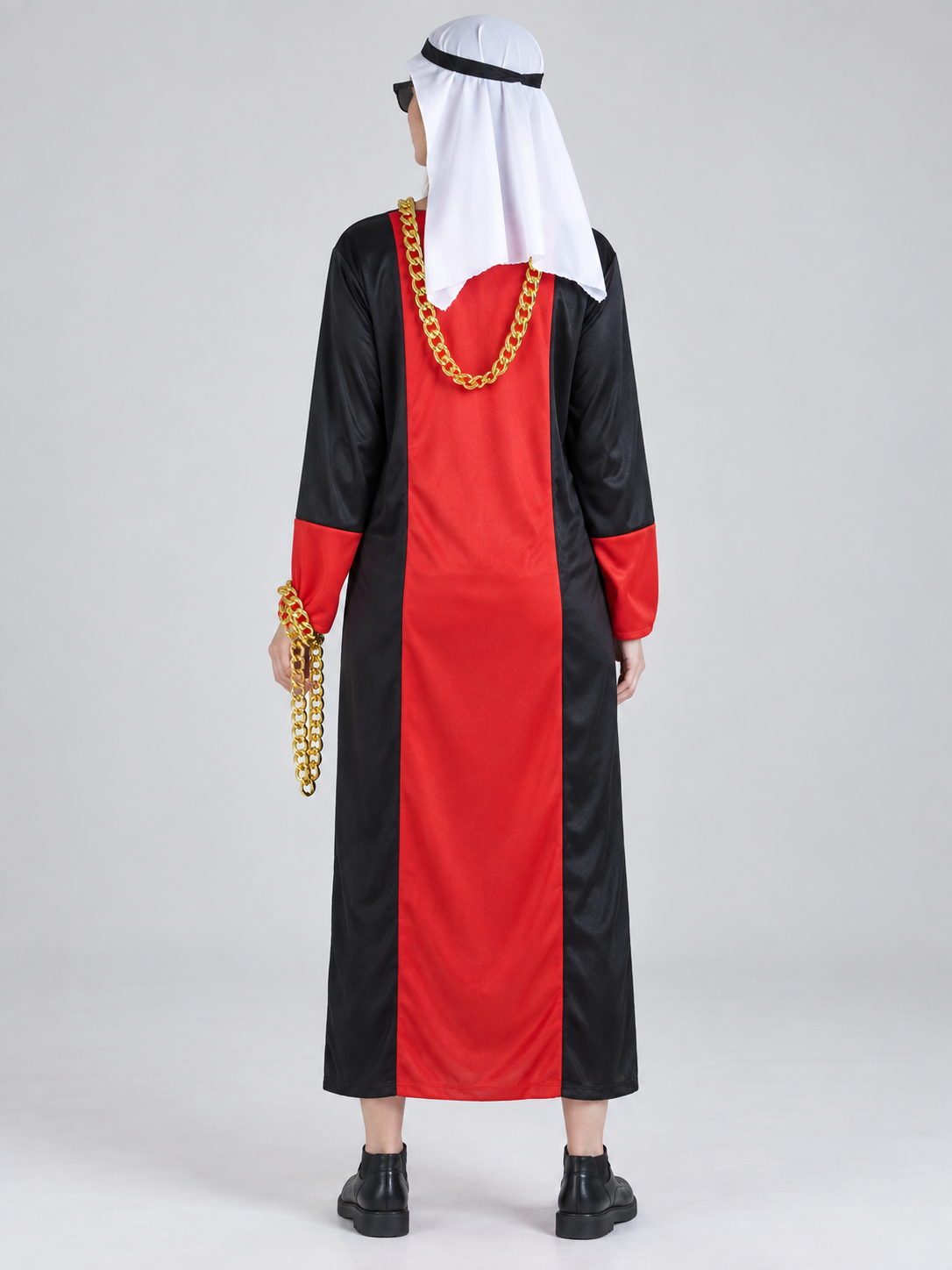 Red and black carnival costume with headpiece and chain