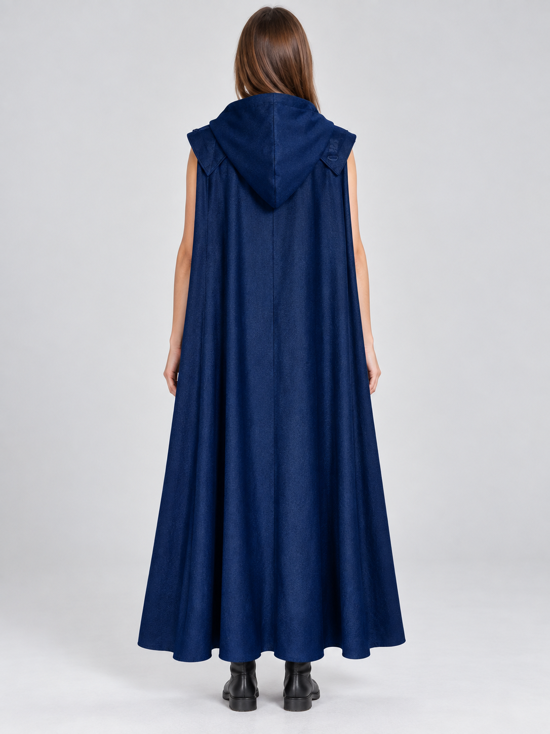 Long Hooded Cloak Cape with Buckles, Dark Blue