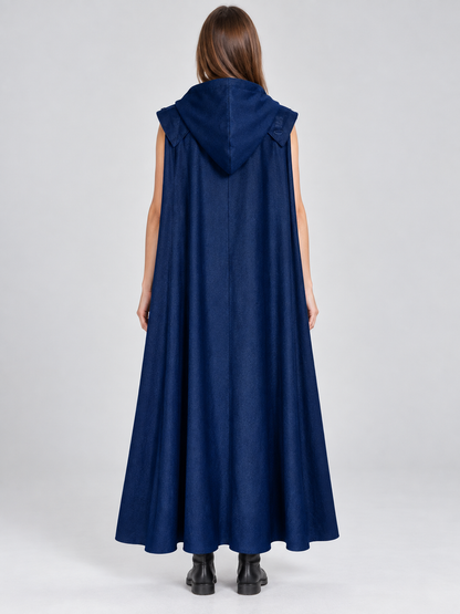 Long Hooded Cloak Cape with Buckles, Dark Blue