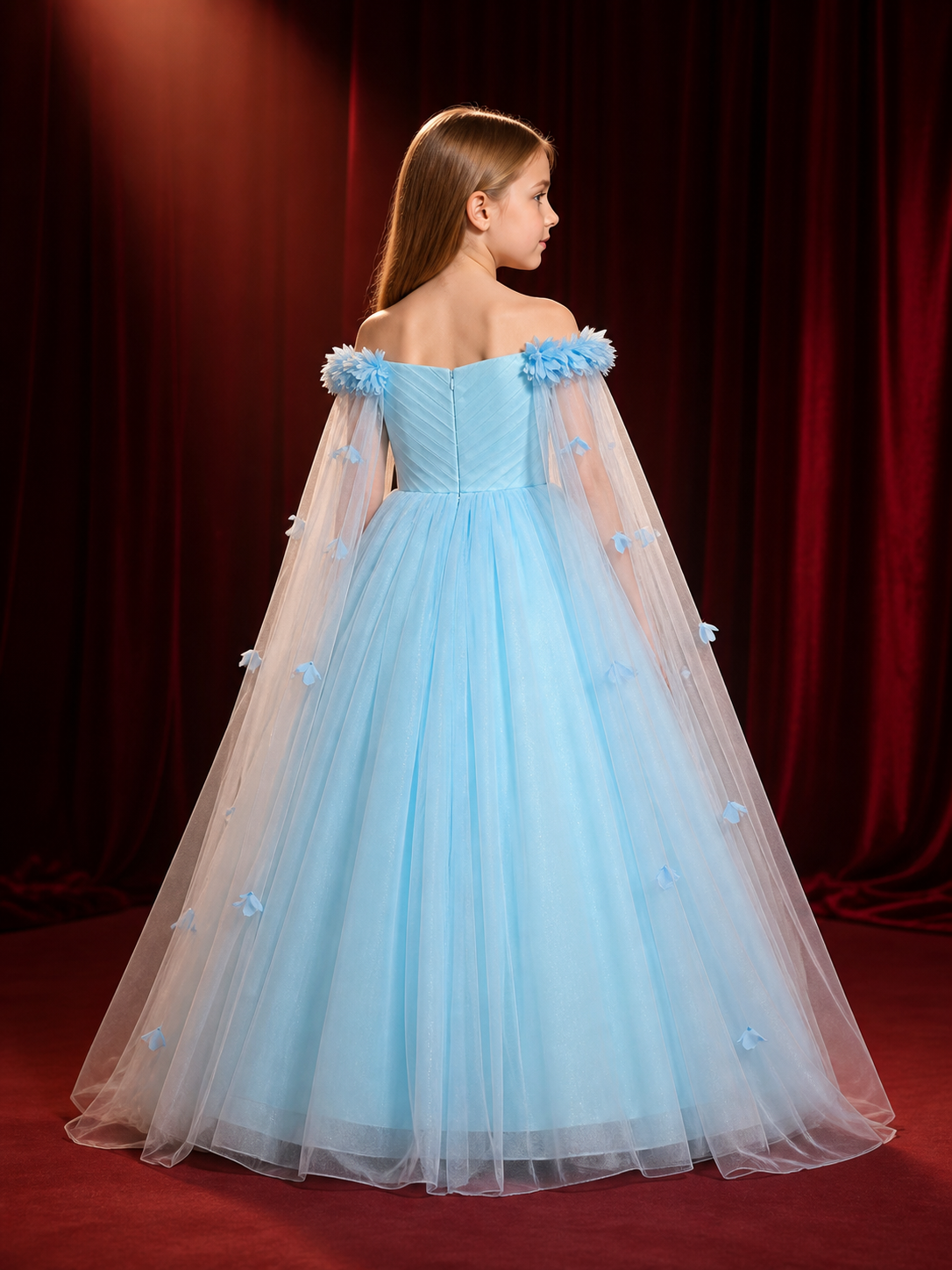 Girls' Light Blue Princess Dress with Tulle Shawl and Floral Details back view
