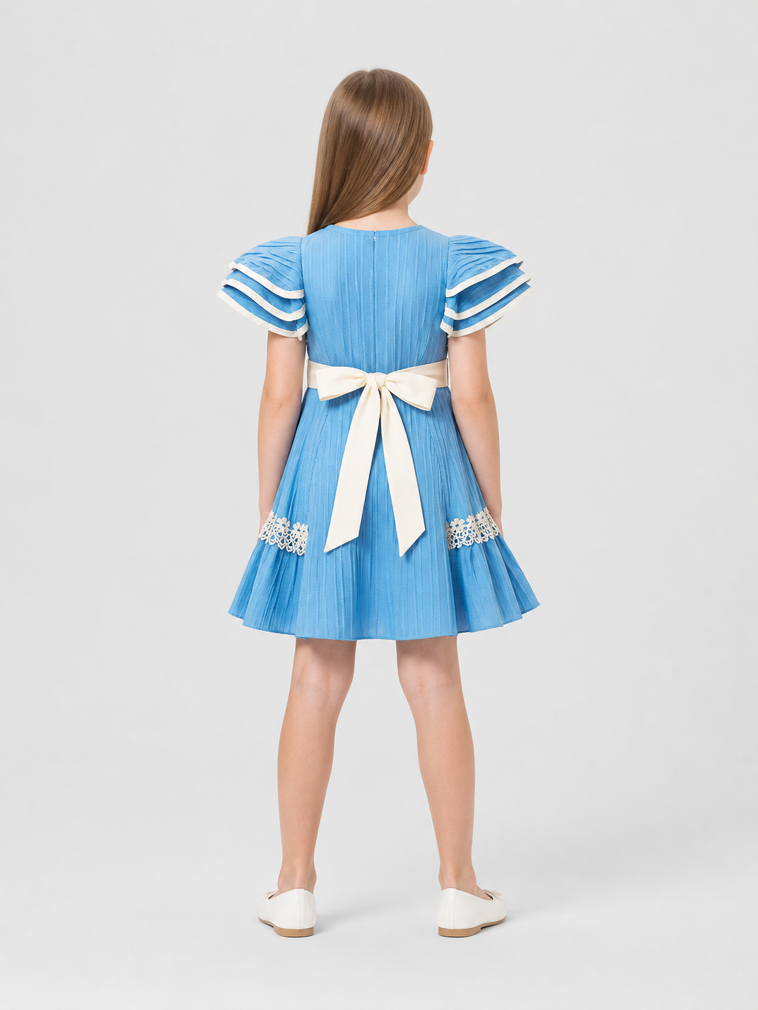 Girls' Dressy Dress with Pleats and Flowers back view