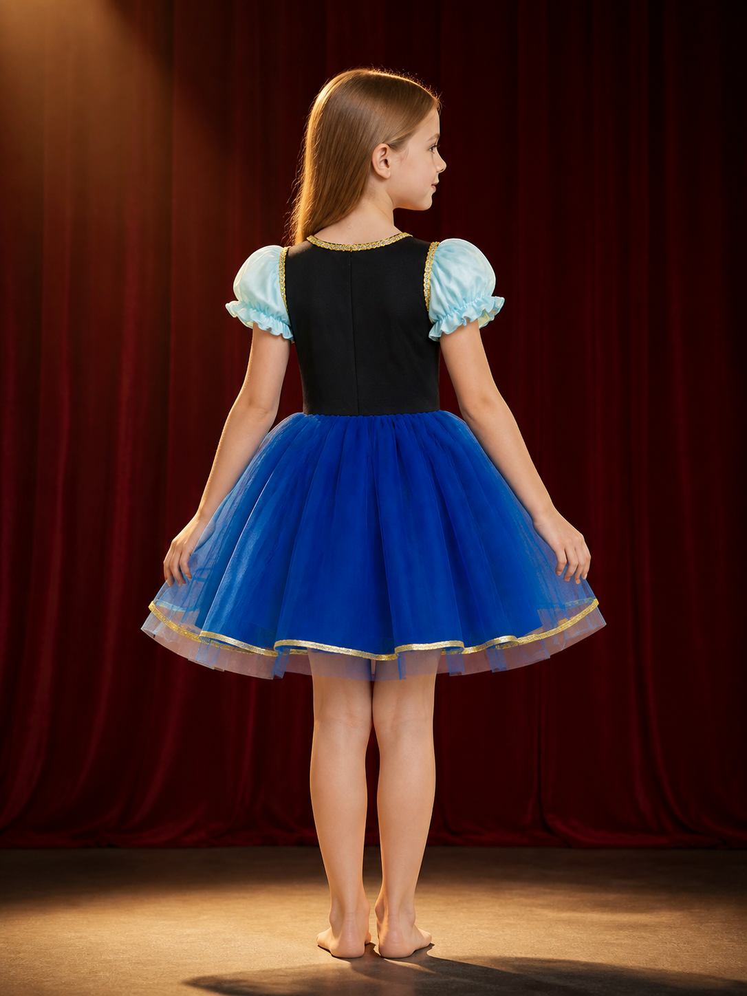 Girls' Blue Princess Cosplay Dress With Floral Embroidery And Layered Tulle back view
