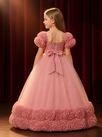Girls' Princess Formal Dress with Sequined Bodice, Puff Sleeves, Tulle Skirt and back view