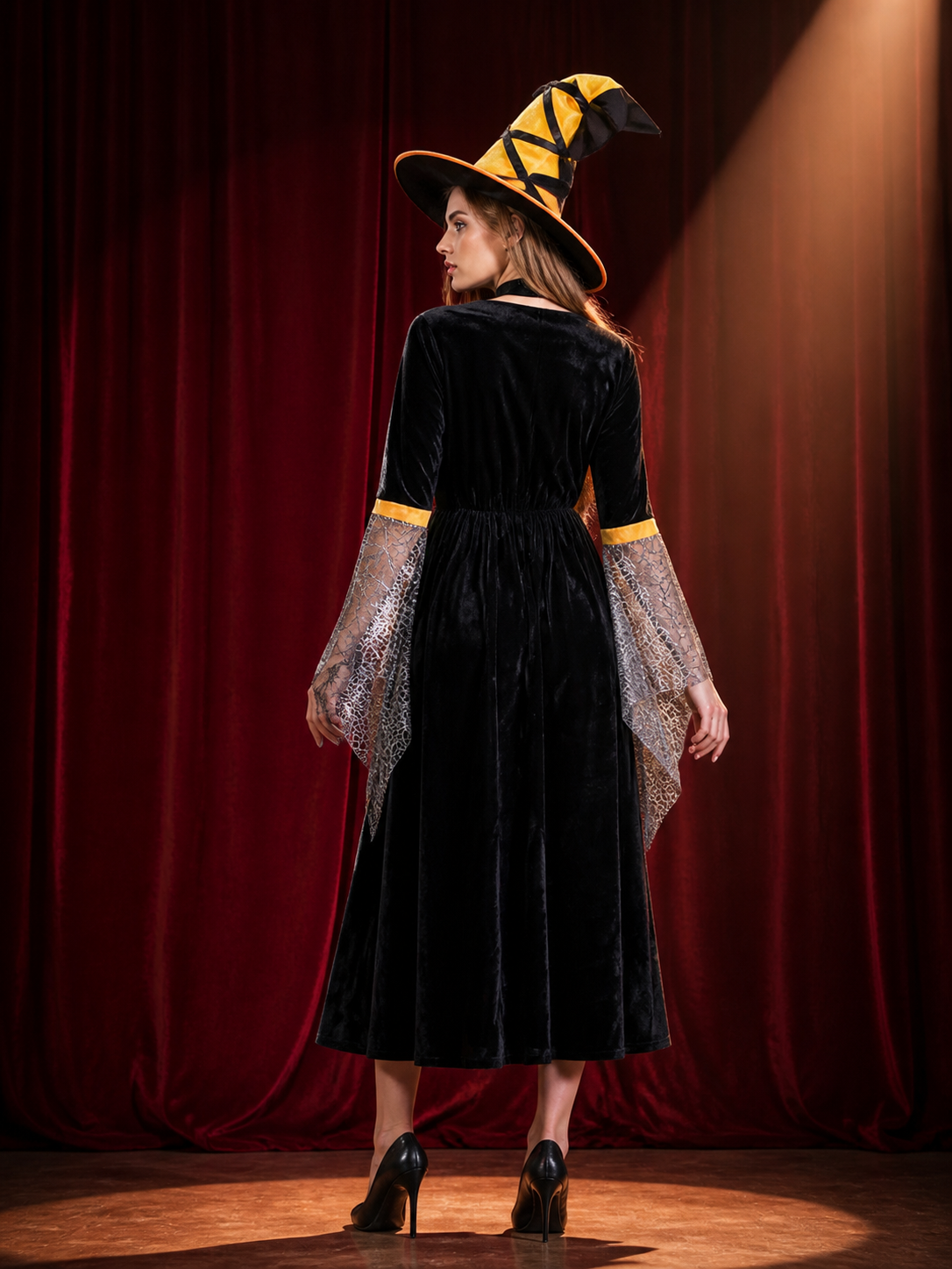Women's Sexy Witch Costume Set with Hat and Sleeves, Black Orange Long Dress back view