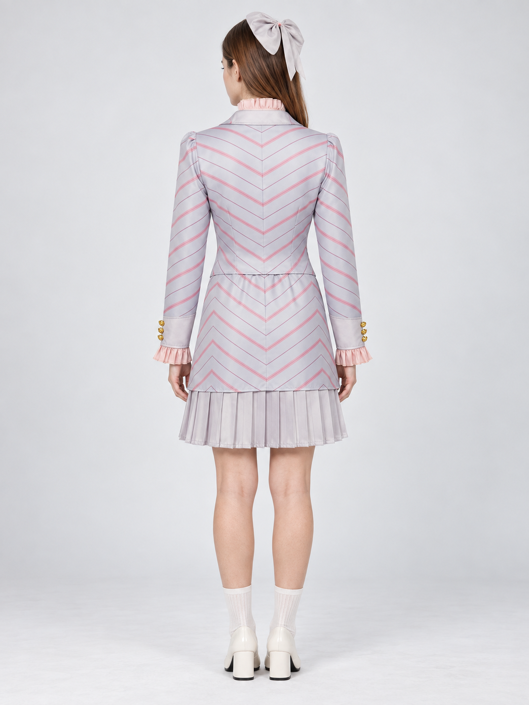 Cosplay costume with jacket, skirt, and headwear back view