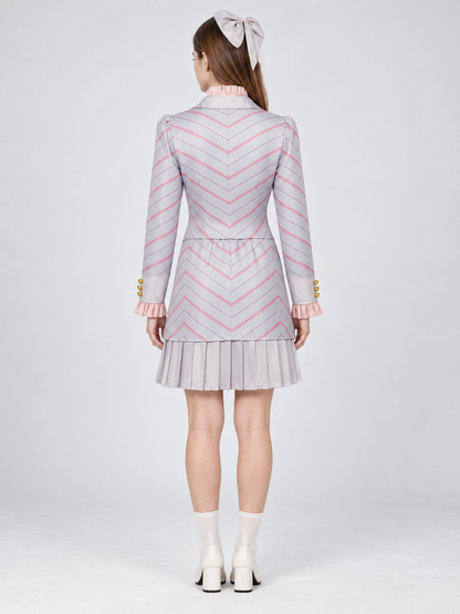 Cosplay costume with jacket, skirt, and headwear back view