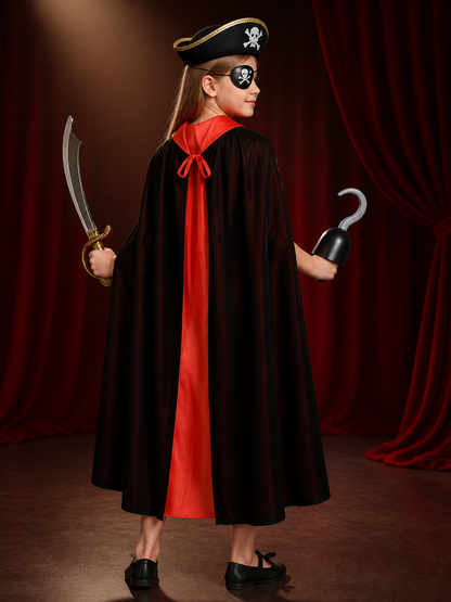 Pirate Costume Set, Black & Red Double-Sided Cape with Skull & Crossbones Hat back view