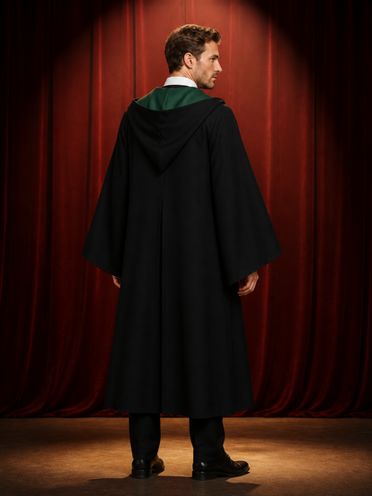 Wizard Costume Set, Hooded Robe With Striped Tie and Embroidered Badge back view