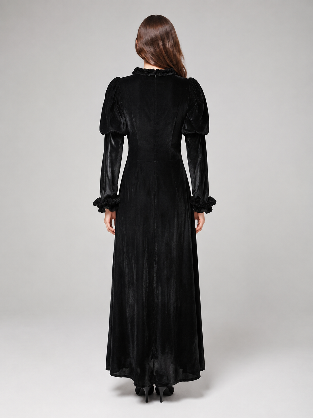 Long black corduroy dress with puff sleeves back view