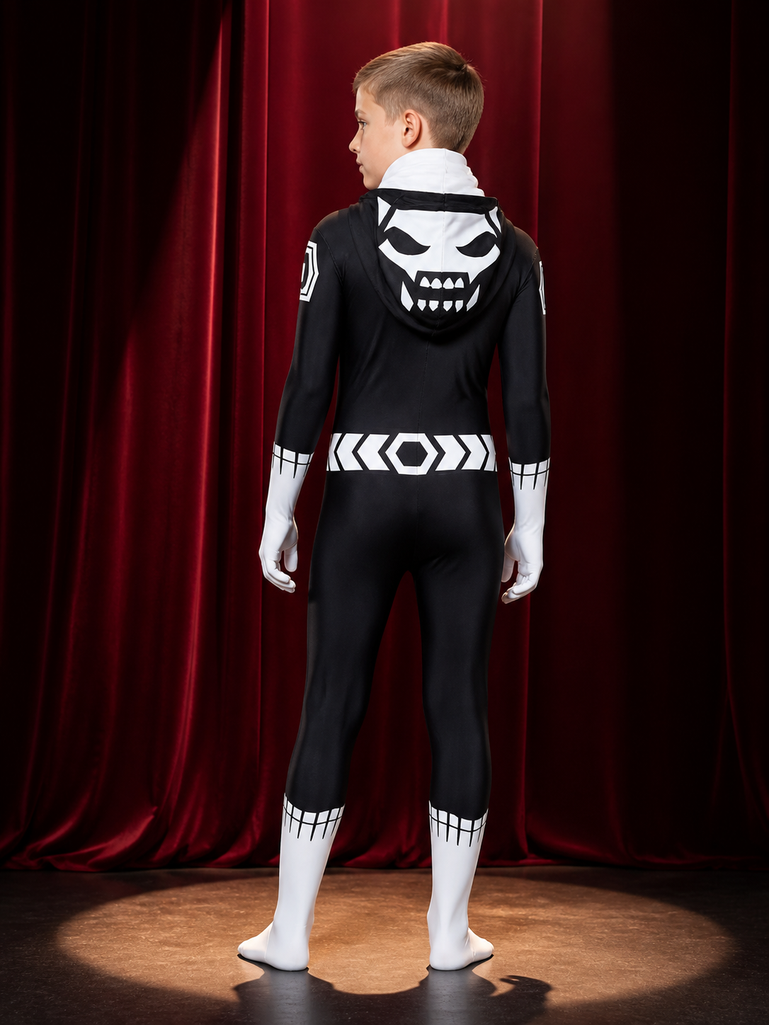 Black and White Skeleton Bodysuit Costume with Skull Face Print, Halloween back view