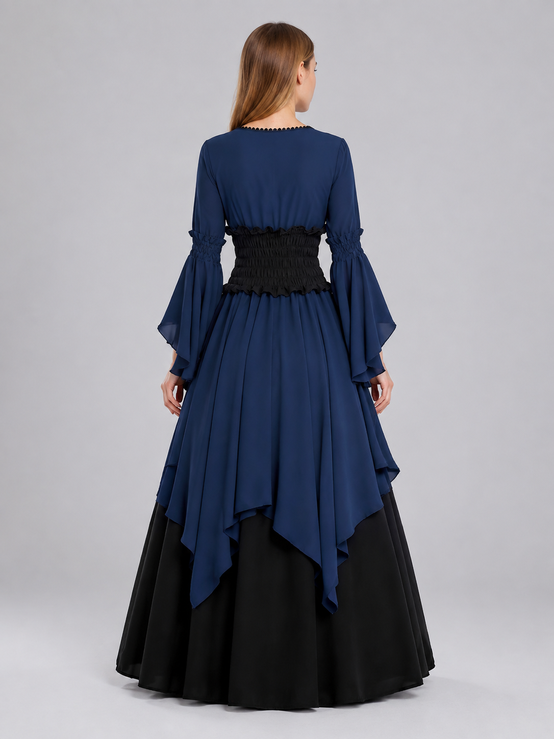 Long Dress with a Black Skirt and Layered Ruffles back view