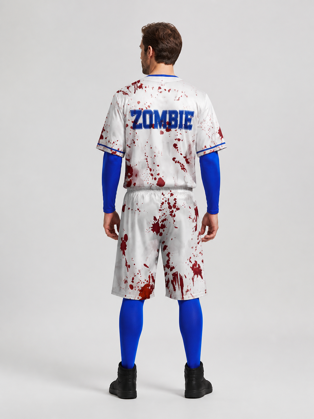 Zombie Costume: T-Shirt and Shorts with Blood, Blue Accents, S-XXL back view